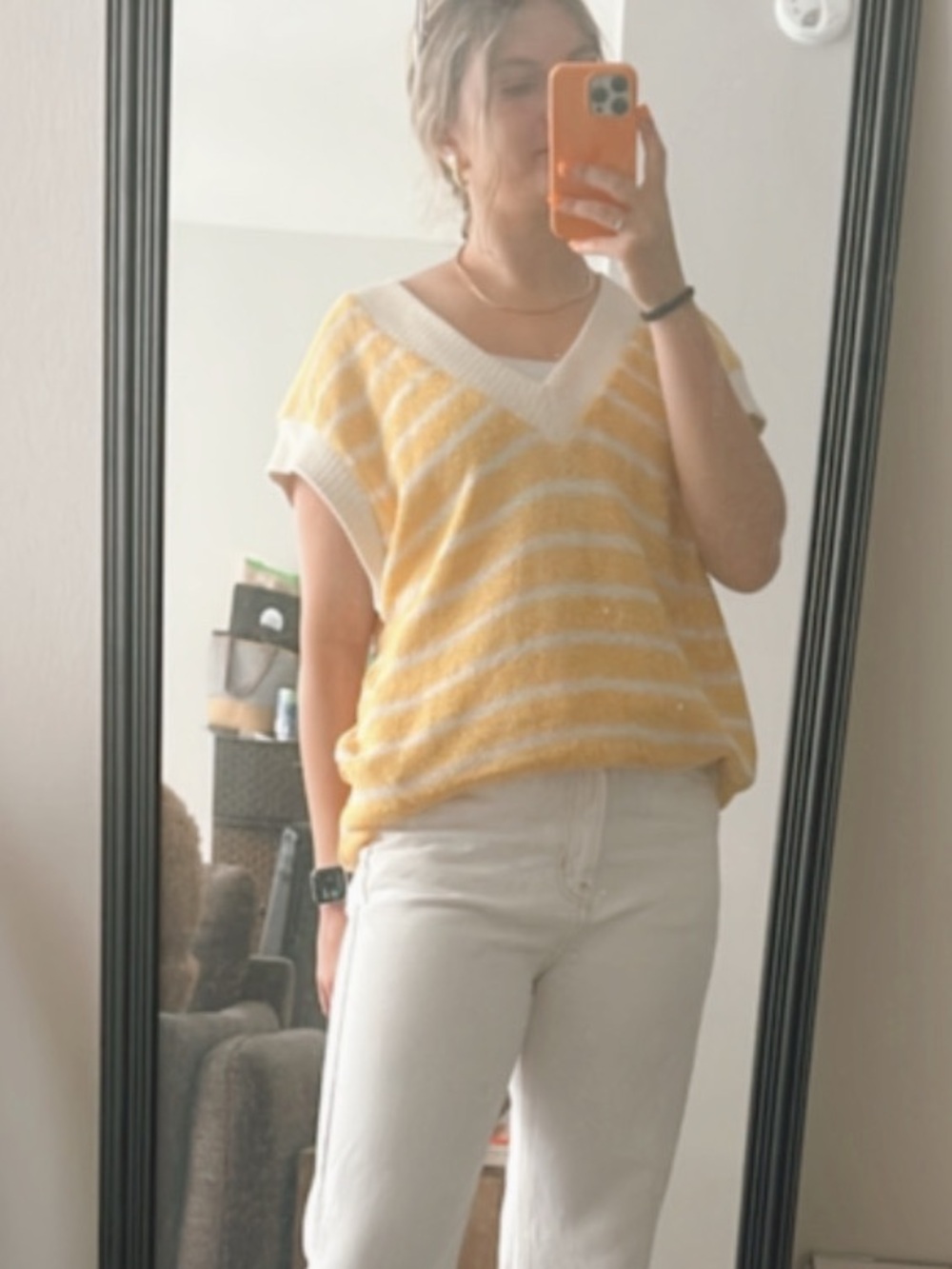 Zara Yellow & White Striped V-Neck Knit Tank